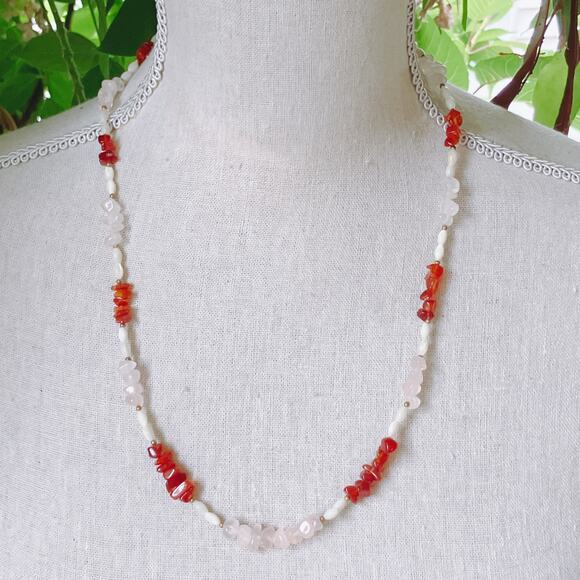 Vintage 90s Gemstone Necklace Carnelian Rose Quartz Shell Beaded Boho 24” - Picture 10 of 15